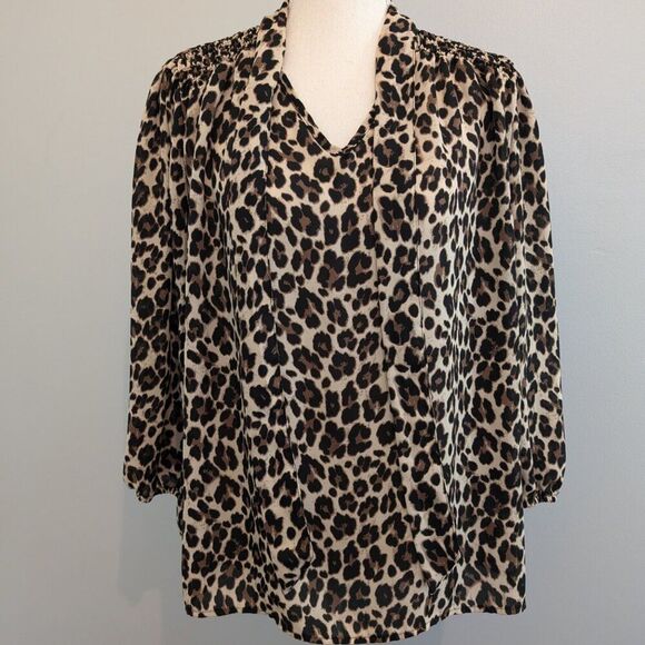A Love Story Leopard Print Tie-Neck Blouse | Women’s L | Long Sleeve, Polyester - Picture 2 of 7